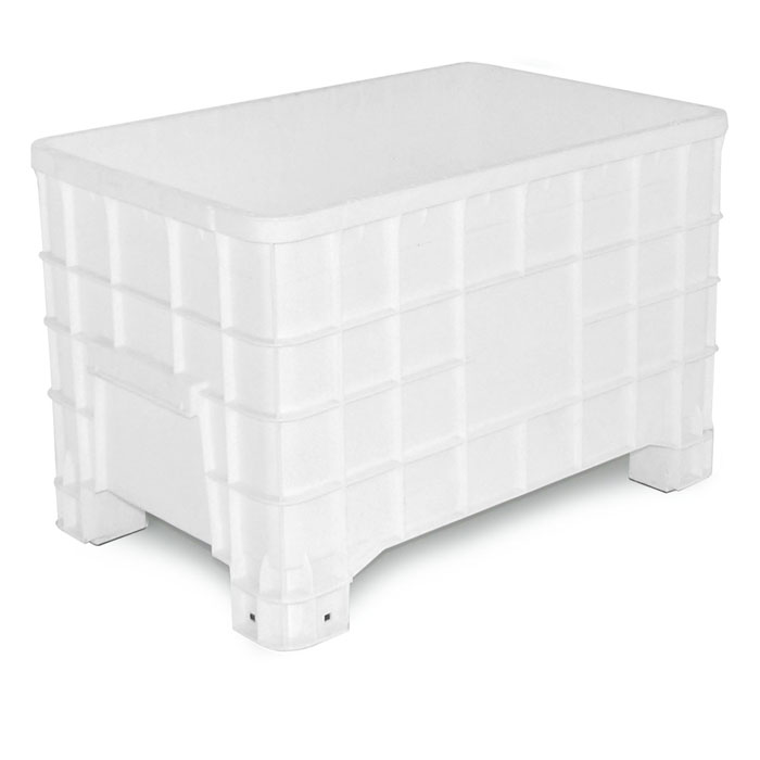 Bins in plastica (HDPE) sovrapponibile per alimenti di dimensioni esterne  1000 L x 635 P x 645 H mm, capacità 300 litri con 4 piedi, fondo e pareti